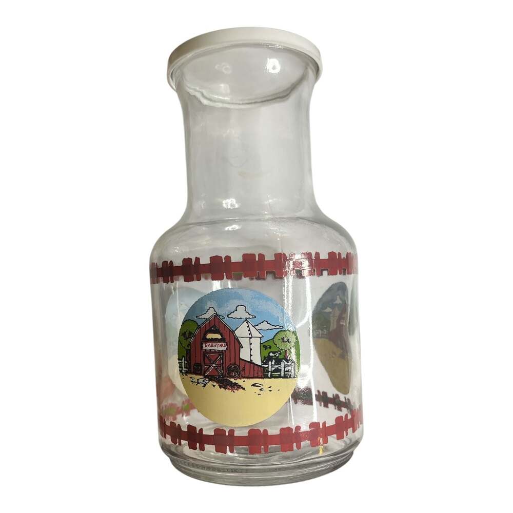 Vintage KIG Glass Carafe Juice Pitcher Farm Country Barnyard with Plastic Lid
